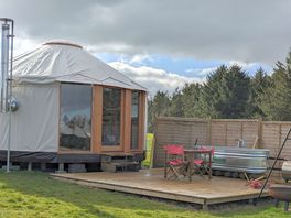 View from the field of hot tub, deck & firepit. take wellies if visiting in winter/wet weather