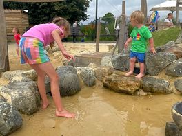 Playing in the water and sand are at the farm