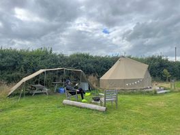 Bell tent, camping kitchen and fire pit
