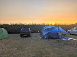 The main road is next to the hedge . 3 meters from tents.