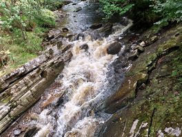 The river runs under a wee bridge.