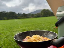 Breakfast cooked in the porch- views of the mountain!