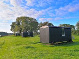 Shepherd huts in a field on a sunny morning
