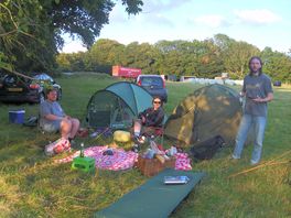 Campsite with group of friends and tent