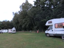 Motorhome and caravans along back line of site with trees
