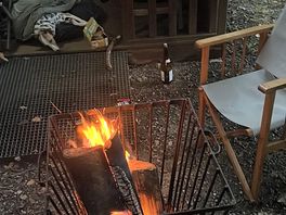 Campfire, wine, dog, cabin: the perfect combo