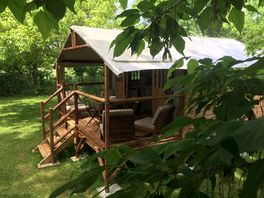 View of the safari tent surrounded by trees