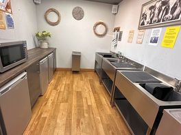 Washing up area, with microwave and fridges