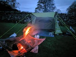 Fire pit and tent.