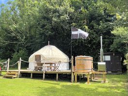 Private single yurt and wood fired hot tub in a rural setting at Mylor Bridge, Cornwall.