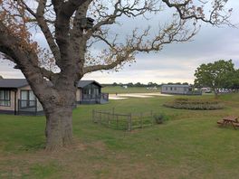 Lodges by lake in front of the touring field