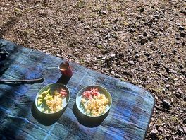 Eggs bacon and avocado cooked on a camping stove beautiful morning