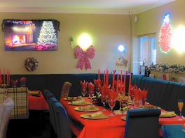 Bar set up for their christmas dinner. very pretty.