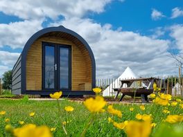 Glamping Pod through buttercups