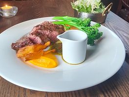 Main course , lovely steak and sauce