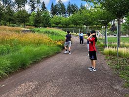 Kids enjoying walk to lake.