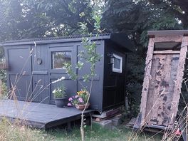 Exterior of Shepherds hut and compost toilet