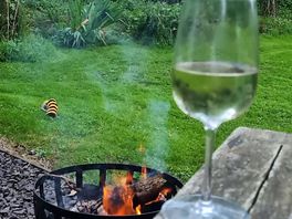 Fire pit with a glass of wine