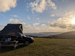 View of our campsite overlooking the bay with looe just tucked away behind the hill