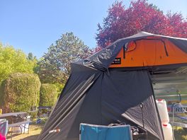 Our tent box set up on the beautiful pitch. the bushes and trees gave us a feeling of privacy.