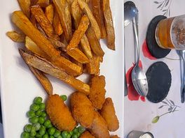 Scampi and chips with garden peas