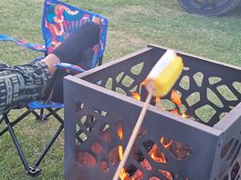 Cheeky marshmallow in a church view fire pit