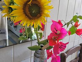 Lavamanos del lavabo con flores frescas