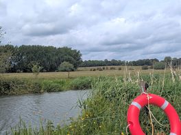 River and next field over with sheep. there is a ring to throw into the water if someone needs help
