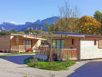 Lodges surrounded by mountain scenery