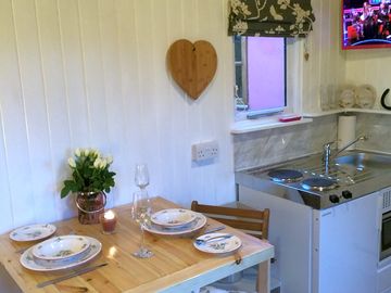 Fold-down table ready for dinner