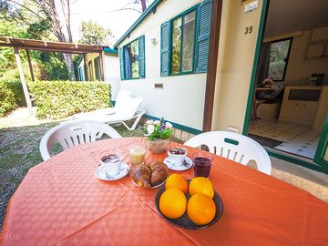 Outside the static caravan