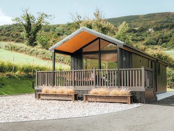 Wooden cabin with floor-to-ceiling windows and covered decking