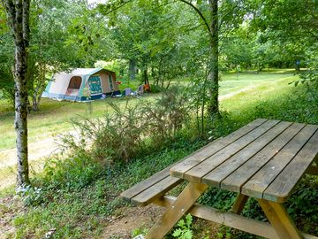 Picnic table under the trees