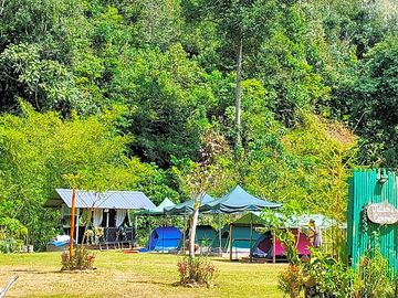 Tents under canopies to keep cool