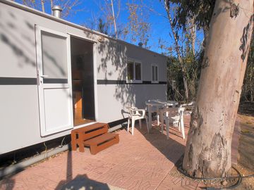 Static caravan with patio