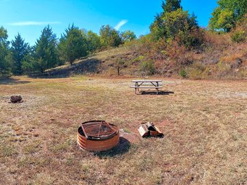 Picnic bench and campfire area