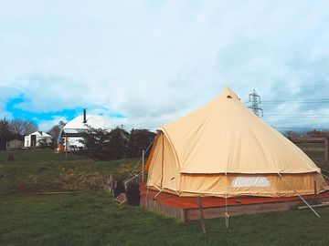 Robin Bell Tent outside early morning.