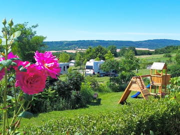 Flowers and children's play with camping places in the background