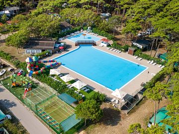 Aerial view of pool, play area and splash park