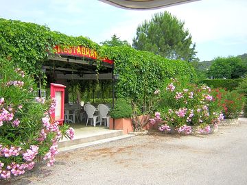 The covered restaurant terrace