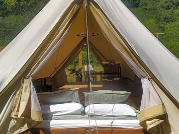 View of the sleeping area in the bell tent.
