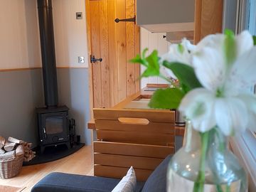View of living area with kitchen