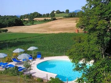 Swimming pool with sunbeds and parasols