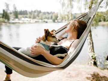 Guest and dog relaxing in the hammock