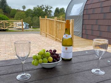 Picnic table outside the universally accessible glamping pod