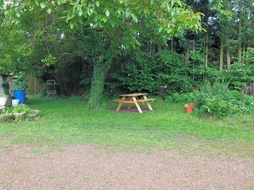 Picnic table under the trees