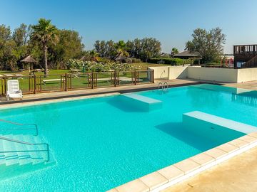 Swimming pool backed by landscaped gardens