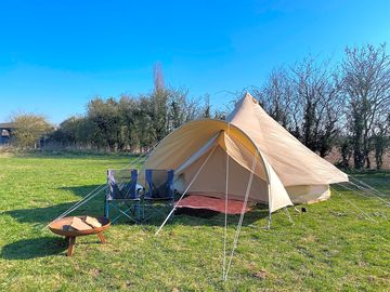 Exterior of bell tent and with awning