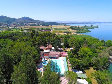 Aerial view of the site and the pool