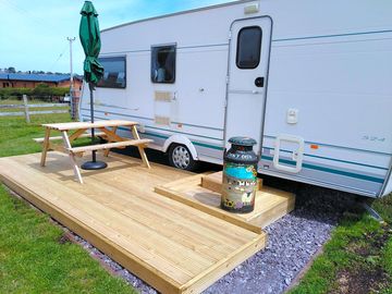 Caravan exterior with decking